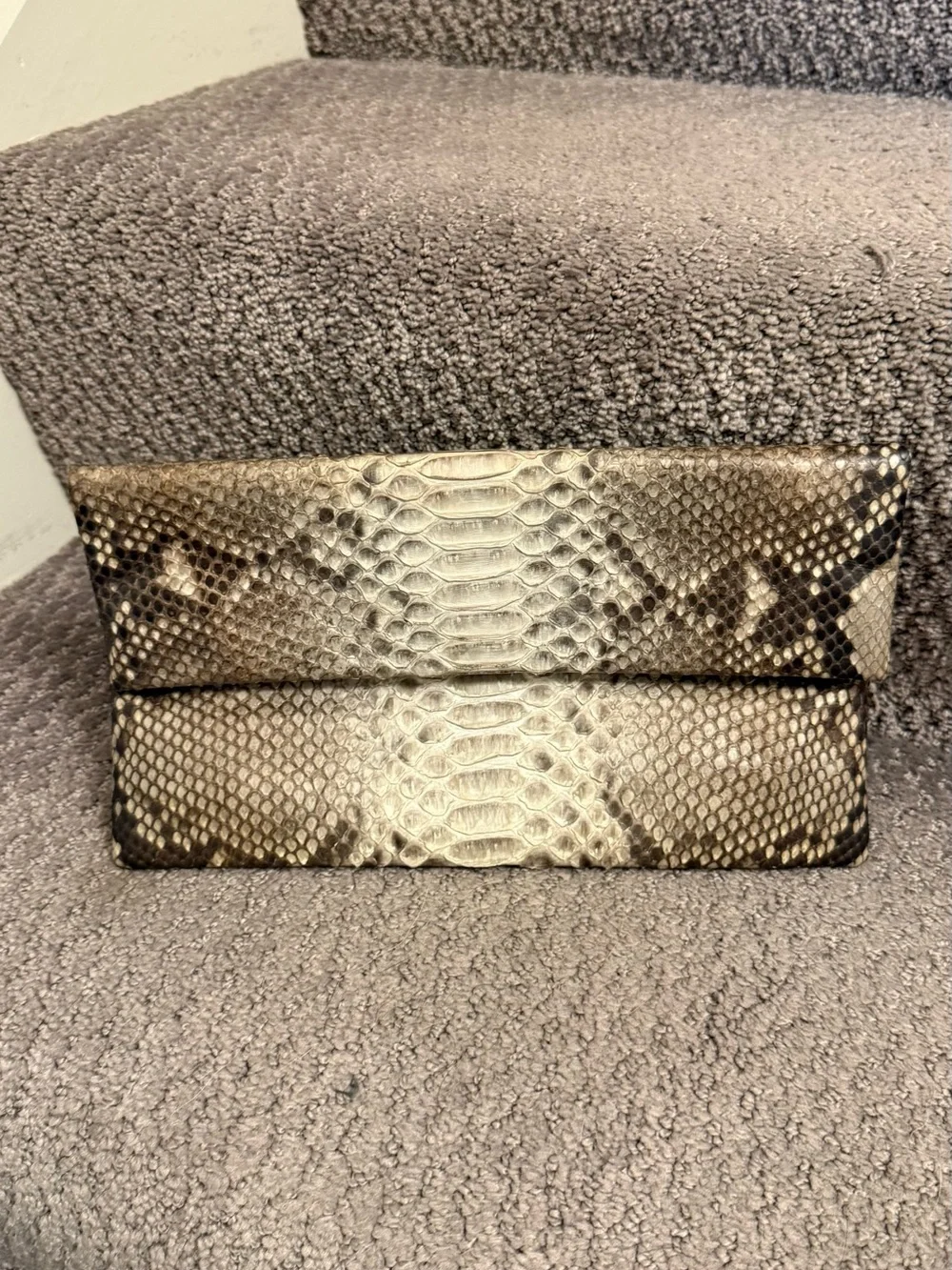 Python-Effect Foldover Clutch Bag in Taupe and Black